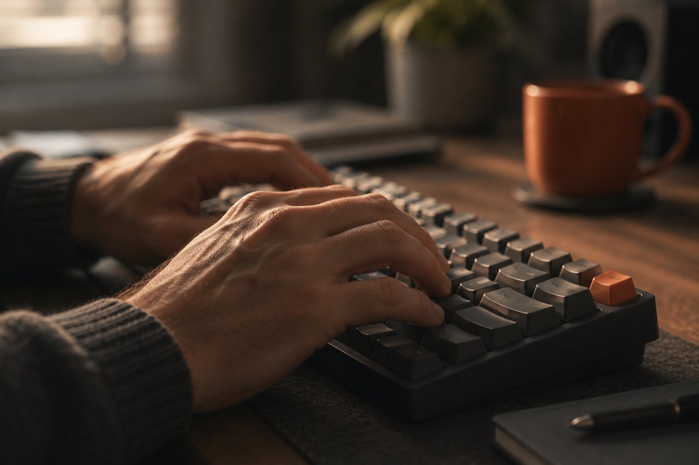 Hands on a keyboard in warm evening light